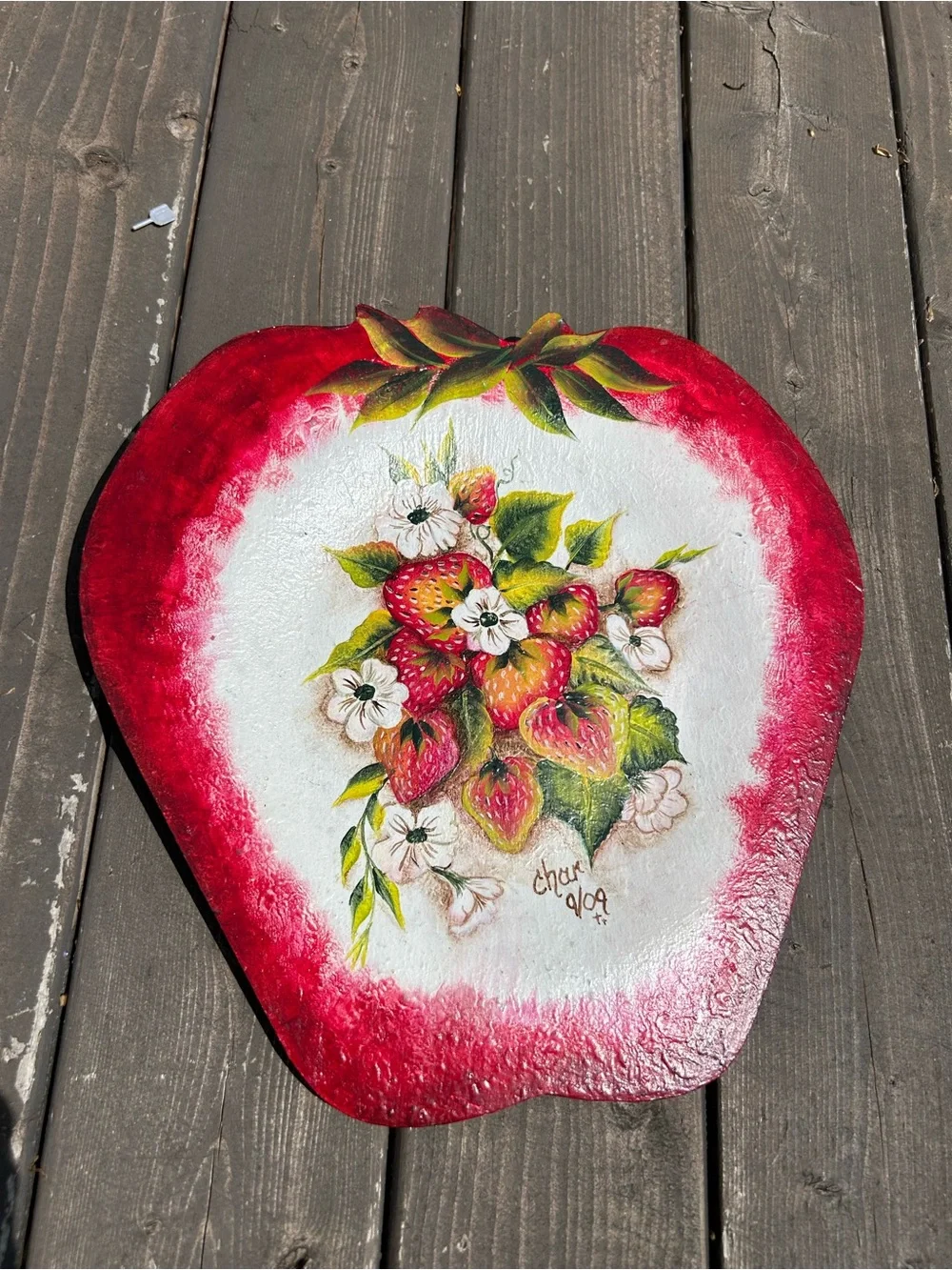 Vintage Wood plate Hand Painted Strawberry strawberries Cottagecore Signed